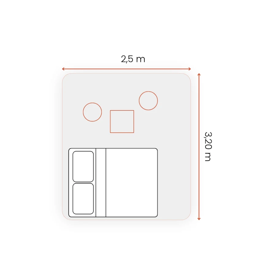 Grundriss Comfort-Zelt 2 Personen: 2,5 × 3,20 m mit einem Doppelbett, Tisch und zwei Hockern