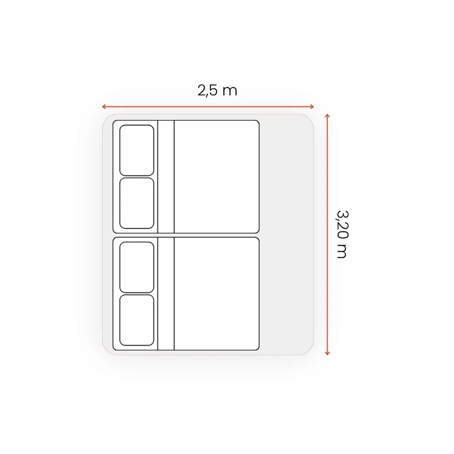 Grundriss Comfort-Zelt 4 Personen: 2,5 × 3,20 m mit zwei Doppelbetten nebeneinander