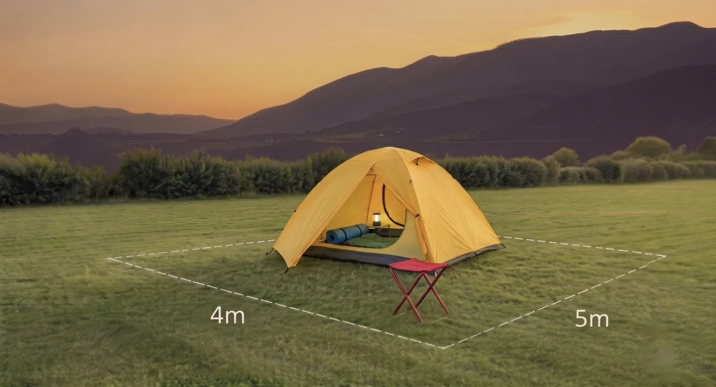 Mini-Stellplatz nur für ein Zelt am Campingplatz Spielberg (4 × 5 m), leichte Hanglage, Abendstimmung