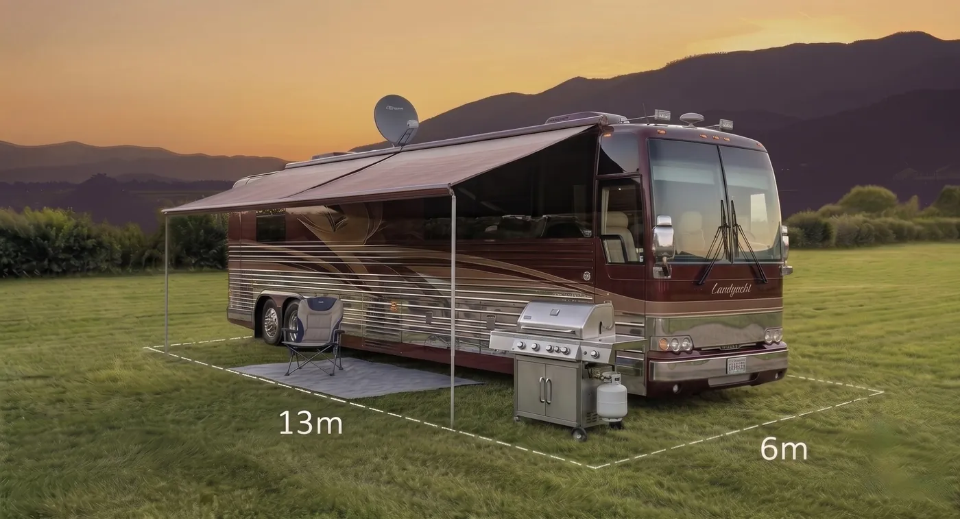 Premium XXL Stellplatz für Luxusliner am Campingplatz Spielberg (13 × 6 m), Abendstimmung