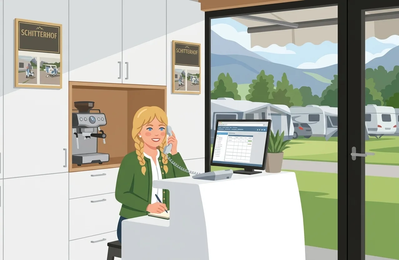 Illustration von Resi, der KI-Rezeptionistin von Schitterhof CAMPING WEISS, die an der Rezeption ein Telefonat annimmt