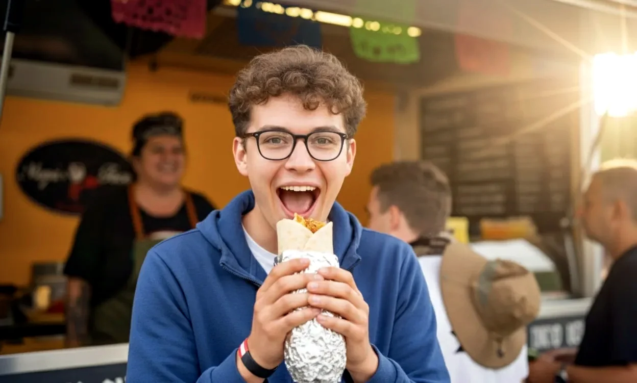 Gast genießt Street Food am Schitterhof Campingplatz