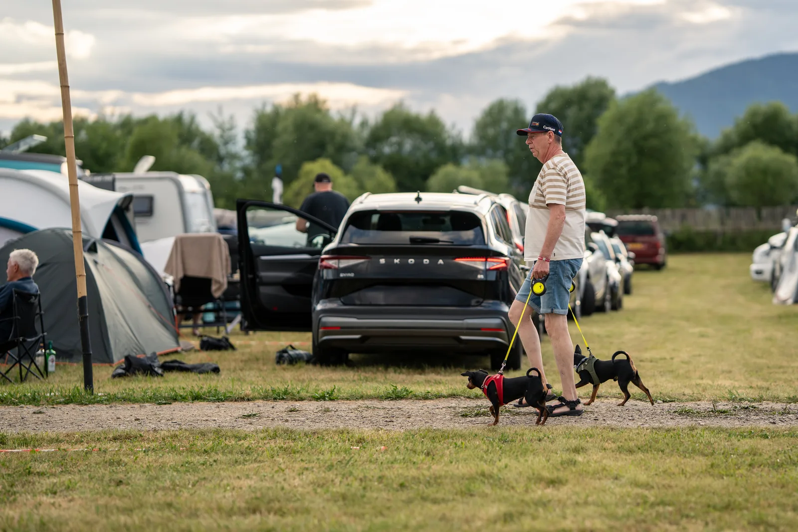 Gast führt zwei kleine Hunde an der Leine über den Schitterhof Campingplatz am Red Bull Ring