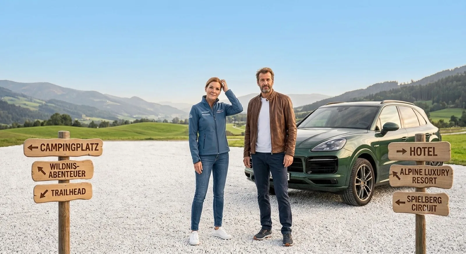 Paar an einer Weggabelung mit Wegweisern zu Campingplatz, Hotel und Rennstrecke bei Spielberg – welche Unterkunft zur Formel 1?